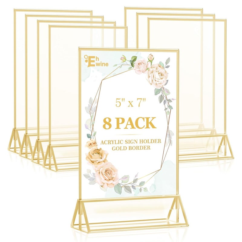 EHWINE 8 Pack 5×7 Clear Acrylic Sign Holder with Gold Borders and Vertical Stand, Double Sided Table Menu Holders Picture Frames for Wedding Table Numbers, Restaurant Signs, Photos and Art Display - Image 1