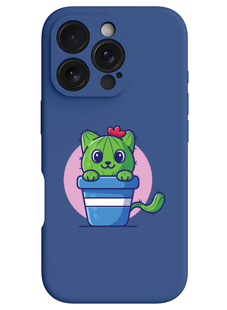 Protective Slim Fit Case Liquid Silicone Cover with Full Body Protection Anti-Scratch Shockproof Case For iPhone 16 Pro Blue - Cute Cat Cactus