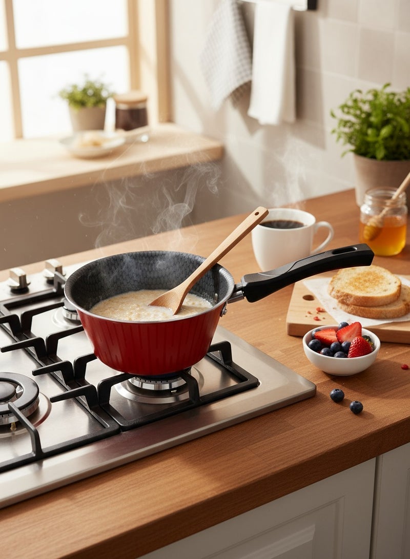 TRUEVAL Non-Stick Aluminium Milk Pan With Heat Resistant Handle Red/Black 16cm - Image 1