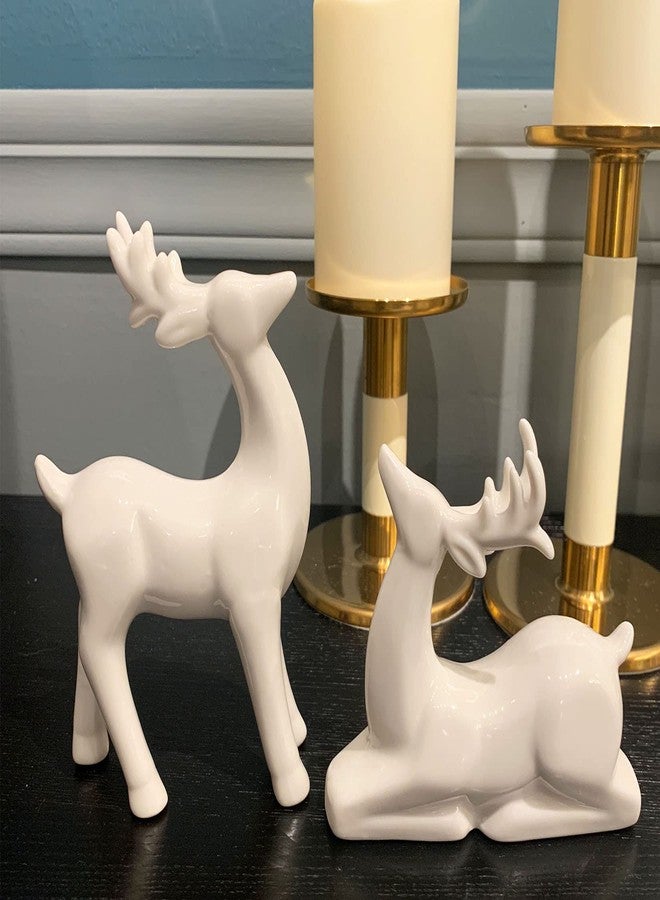KiaoTime Porcelain Christmas Reindeer Figurines, Pack 2 Mini Animal Reindeer Decor Deer Statues Sculpture Tabletop Ornaments for Cabinet Mantel Shelves Fireplace Home Décor Accents Collectible Figurines - Image 2