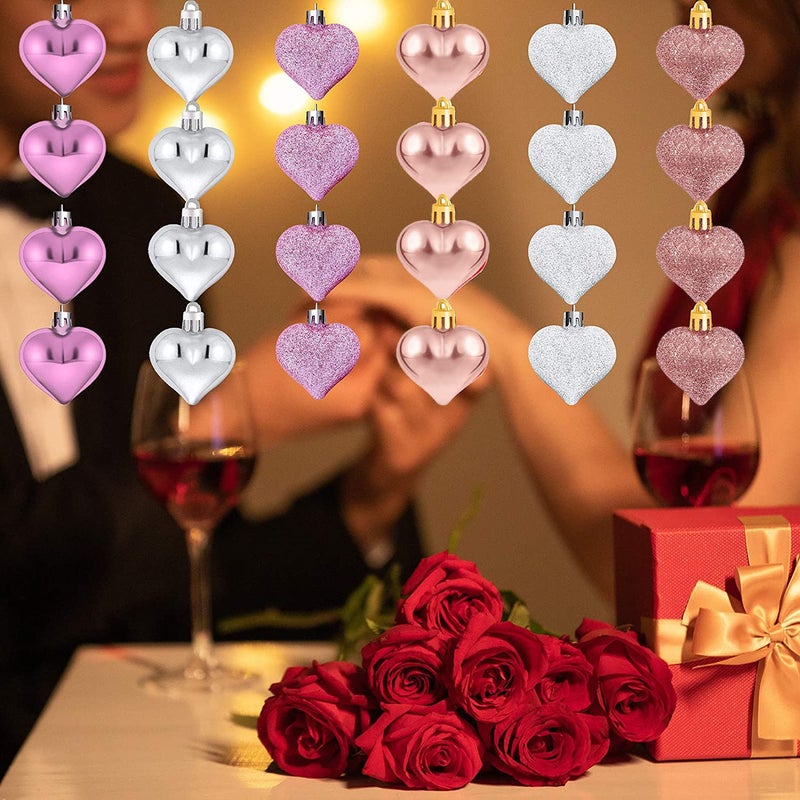 Emopeak Romantic Heart Ornaments for Valentine Tree  24 Pieces Valentine's Day Heart Baubles - 2 Styles (Glossy  Glitter) and 3 Color - Hanging Decorations for Home Hotel Wedding Party - Image 2