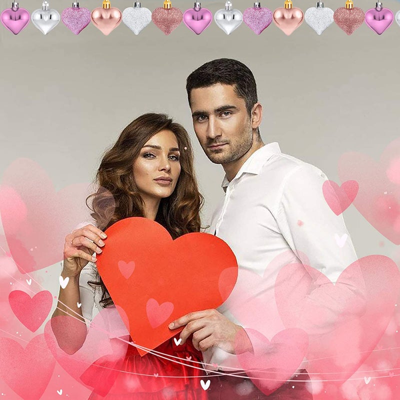 Emopeak Romantic Heart Ornaments for Valentine Tree  24 Pieces Valentine's Day Heart Baubles - 2 Styles (Glossy  Glitter) and 3 Color - Hanging Decorations for Home Hotel Wedding Party - Image 4