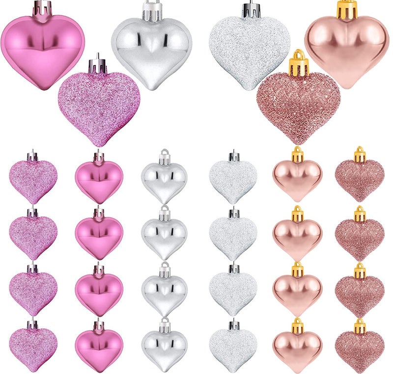 Emopeak Romantic Heart Ornaments for Valentine Tree  24 Pieces Valentine's Day Heart Baubles - 2 Styles (Glossy  Glitter) and 3 Color - Hanging Decorations for Home Hotel Wedding Party - Image 1