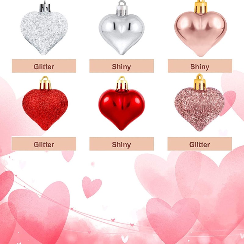 Emopeak Romantic Heart Ornaments for Valentine Tree  24 Pieces Valentine's Day Heart Baubles - 2 Styles (Glossy  Glitter) and 3 Color - Hanging Decorations for Home Hotel Wedding Party - Image 5
