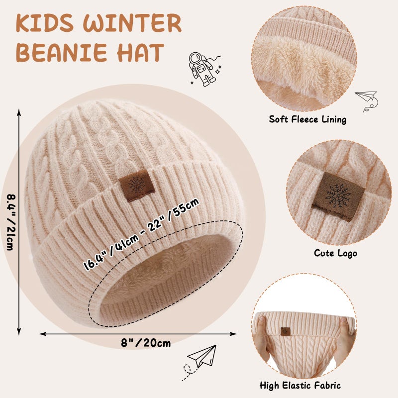 Tavaleu Kids Winter Hat Gloves Scarf Set - 3 Pcs Boys Girls Winter Beanie Sets 8-15 Years Warm Beanie Fleece Lined Knitted Hats Beige - Image 3