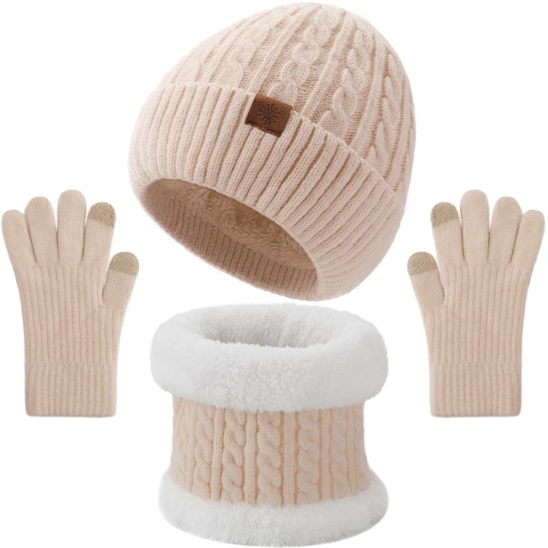 Tavaleu Kids Winter Hat Gloves Scarf Set - 3 Pcs Boys Girls Winter Beanie Sets 8-15 Years Warm Beanie Fleece Lined Knitted Hats Beige - Image 1