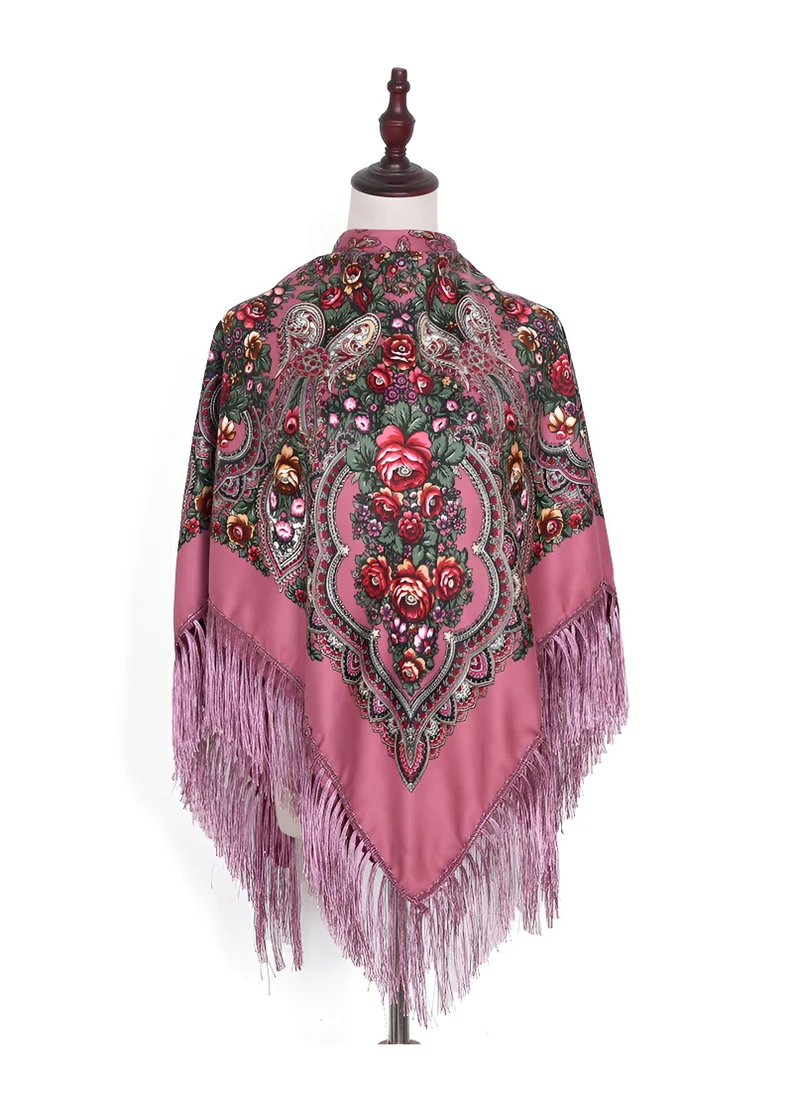 دىدانيالا Womens Scarves Traditional Eastern European Large  Size Square Cotton Long Tassel Print Shawl Dusty Pink with Red Flowers 140CM