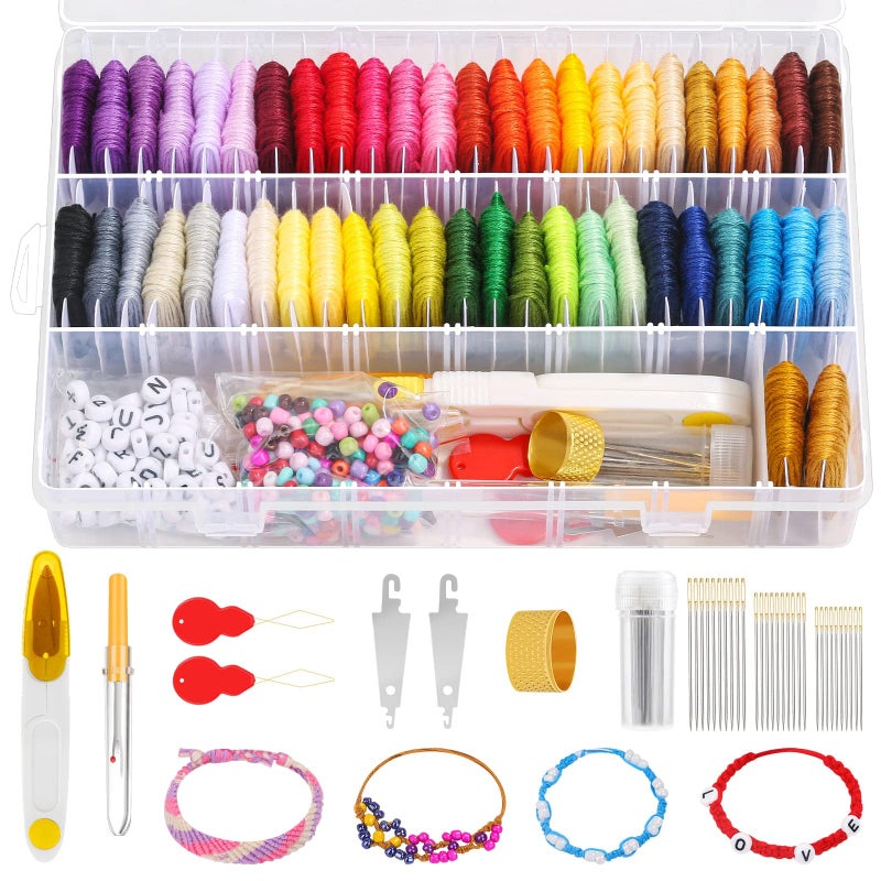 PAXCOO 488Pcs String Bracelet Making Kit Friendship Bracelet String Kit with 50 Skeins Embroidery Floss Cross Stitch Thread 400Pcs Friendship Bracelet Beads 37Pcs Embroidery Tools