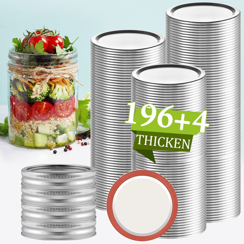 Aliggbent Canning Lids 200 PCS Mason Canning Jar Lids 70MM Regular Mouth Reusable Leak Proof Split Type Lids Food Grade and AntiRust Silver Jar Secure Caps and Bands with Silicone Seals Ring