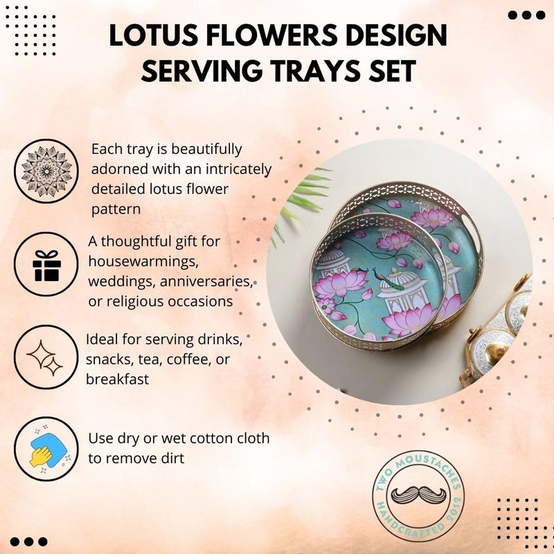 Two Moustaches Two Moustaches Rajasthani Lotus Flowers Design Serving Trays Set (8 Inches & 10 Inches), Serving Plates for Home, Platters for Tea/Coffee/Snacks, Decorative Pichwai Tray, Multicolored, Pack of 2  - Image 5
