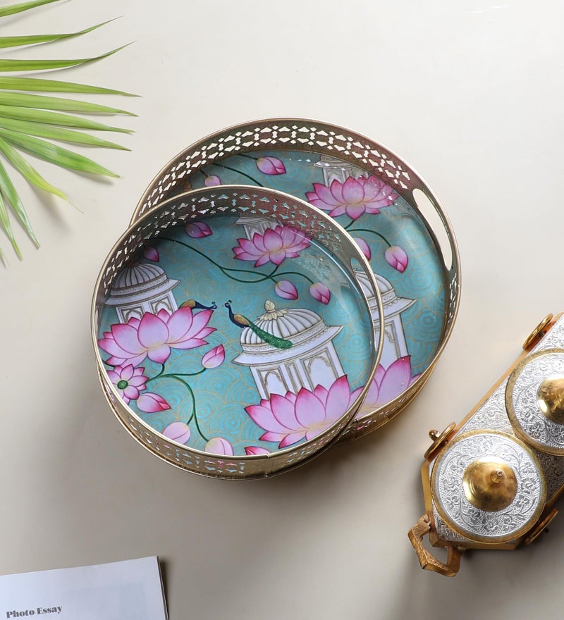 Two Moustaches Two Moustaches Rajasthani Lotus Flowers Design Serving Trays Set (8 Inches & 10 Inches), Serving Plates for Home, Platters for Tea/Coffee/Snacks, Decorative Pichwai Tray, Multicolored, Pack of 2  - Image 2