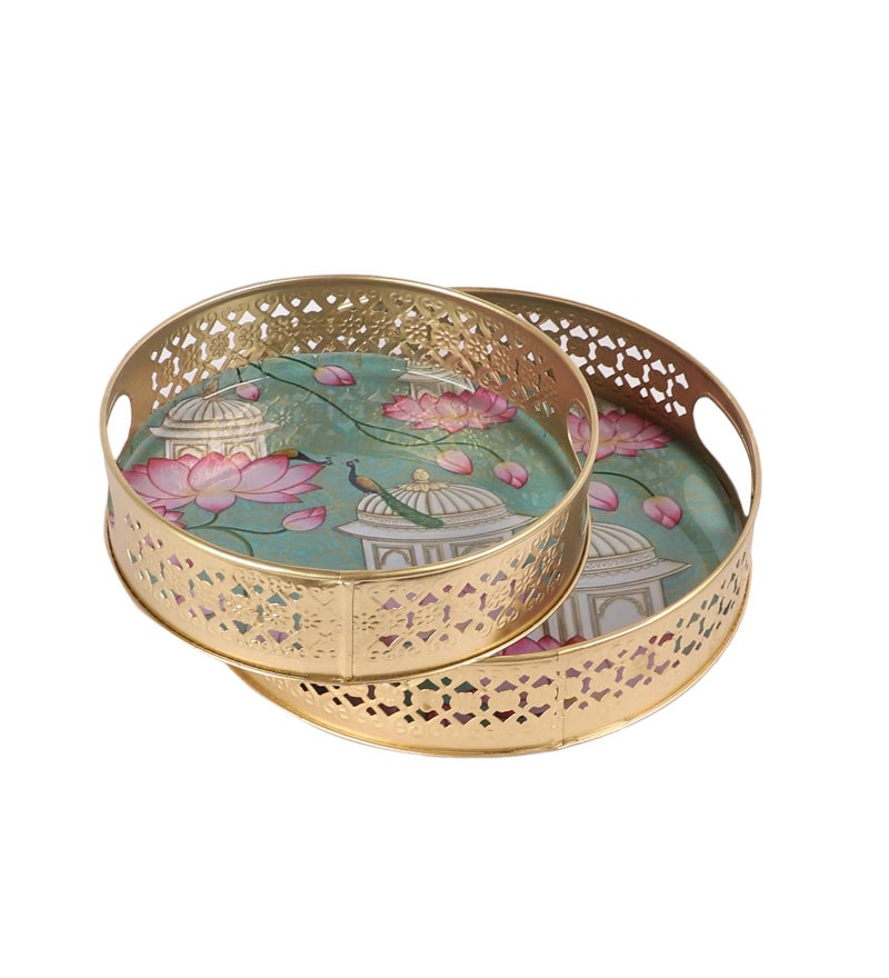 Two Moustaches Two Moustaches Rajasthani Lotus Flowers Design Serving Trays Set (8 Inches & 10 Inches), Serving Plates for Home, Platters for Tea/Coffee/Snacks, Decorative Pichwai Tray, Multicolored, Pack of 2  - Image 3