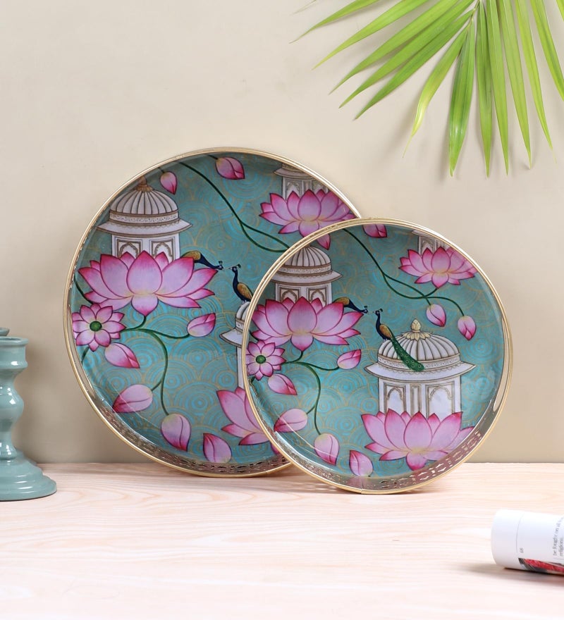 Two Moustaches Two Moustaches Rajasthani Lotus Flowers Design Serving Trays Set (8 Inches & 10 Inches), Serving Plates for Home, Platters for Tea/Coffee/Snacks, Decorative Pichwai Tray, Multicolored, Pack of 2  - Image 1