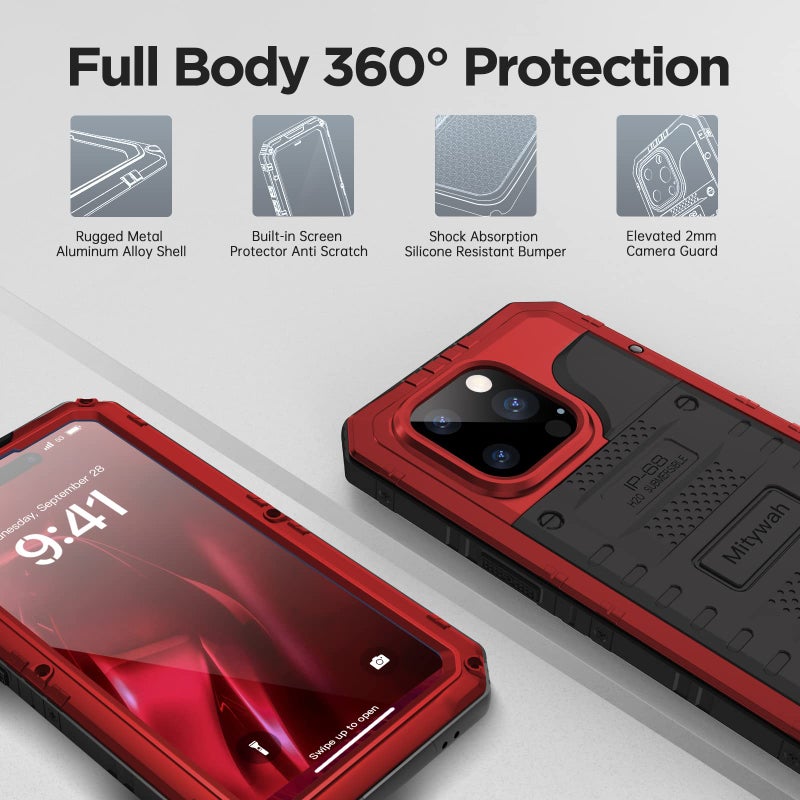 Mitywah Waterproof Case for iPhone 14 Pro Max, Heavy Duty Shockproof Case with Built-in Screen Protector, Full Body Underwater Protective Metal Case 6.7 inch, Red - Image 5