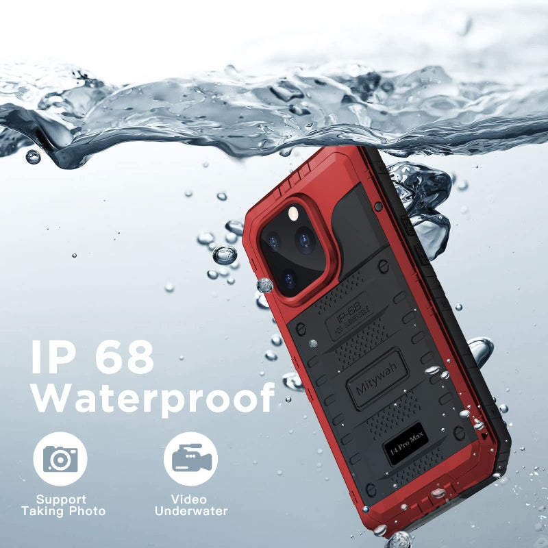 Mitywah Waterproof Case for iPhone 14 Pro Max, Heavy Duty Shockproof Case with Built-in Screen Protector, Full Body Underwater Protective Metal Case 6.7 inch, Red - Image 4