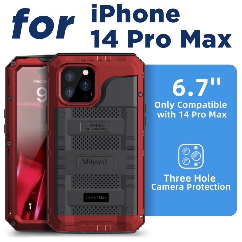 Mitywah Waterproof Case for iPhone 14 Pro Max, Heavy Duty Shockproof Case with Built-in Screen Protector, Full Body Underwater Protective Metal Case 6.7 inch, Red - Image 2