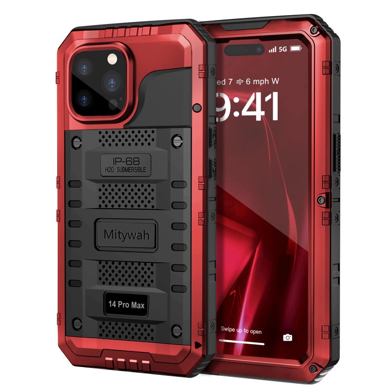 Mitywah Waterproof Case for iPhone 14 Pro Max, Heavy Duty Shockproof Case with Built-in Screen Protector, Full Body Underwater Protective Metal Case 6.7 inch, Red - Image 1