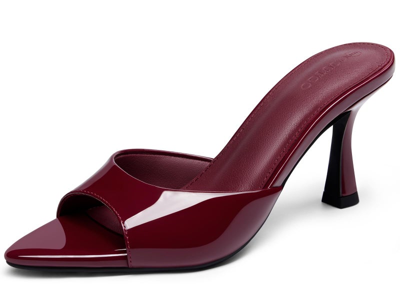 Coutgo Womens Heeled Mules Pointed Peep Toe High Heels Slip On Backless Mule Sandals Dress Shoes, Burgundy, Size 7 - Image 1