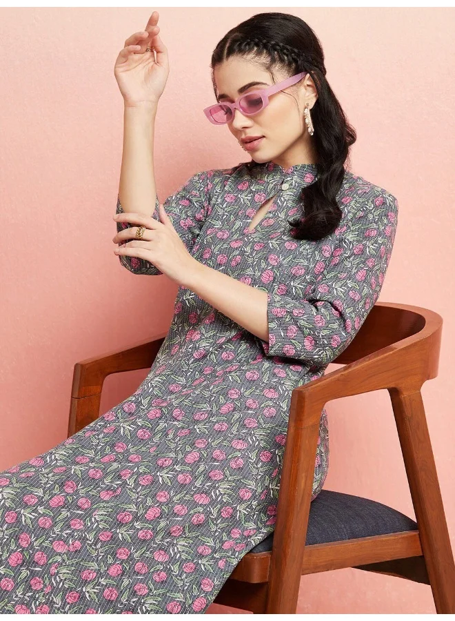 AKS Grey Floral Print A-Line Kurta