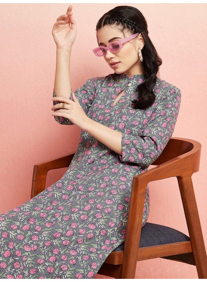 AKS Grey Floral Print A-Line Kurta - Image 1