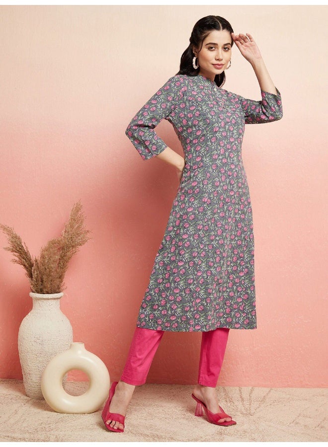 AKS Grey Floral Print A-Line Kurta - Image 5