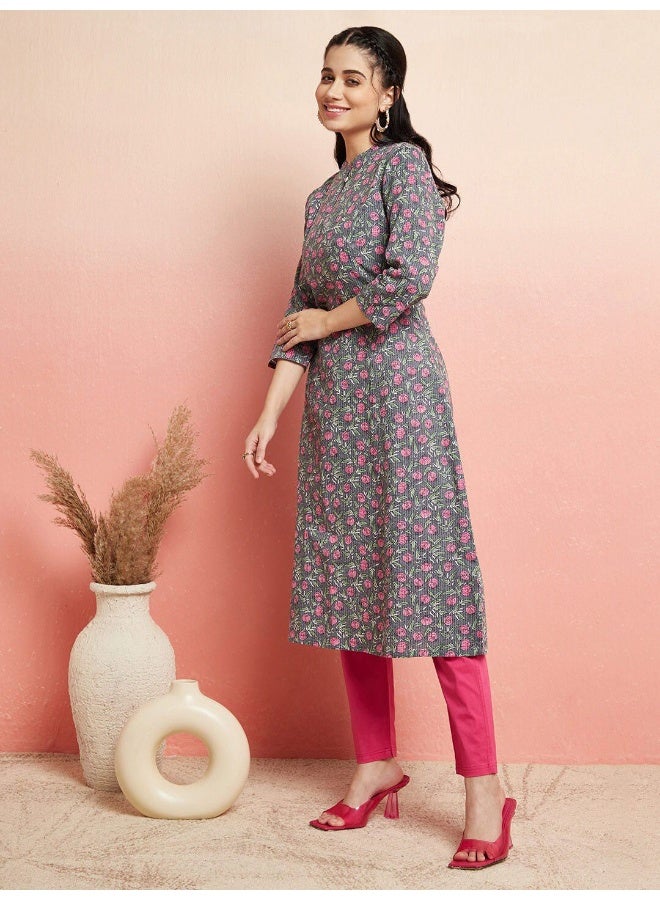 AKS Grey Floral Print A-Line Kurta - Image 4