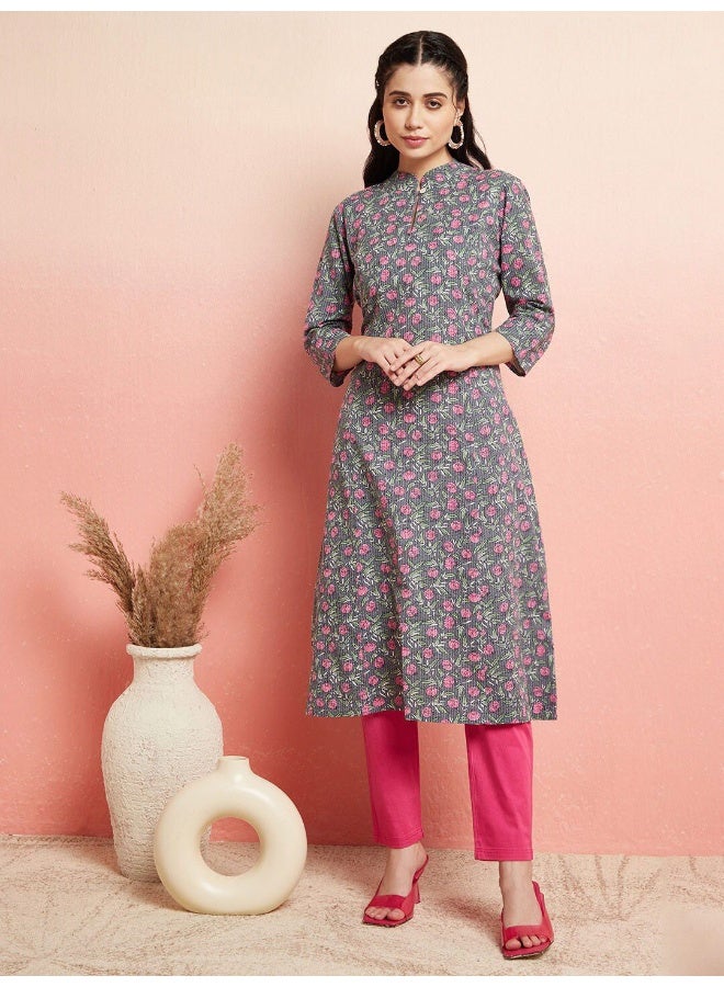 AKS Grey Floral Print A-Line Kurta - Image 3