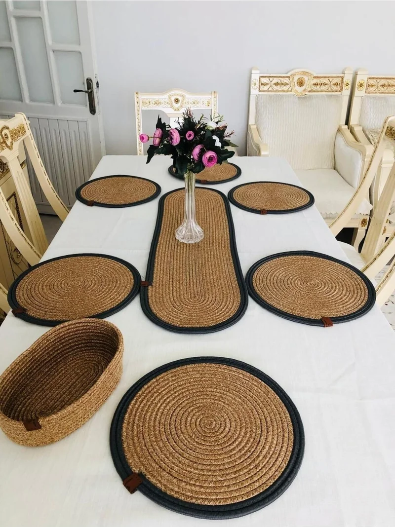 BDZ Deri BDZ Leather Jute American Service Runner Bread Bowl 8 Piece Set
