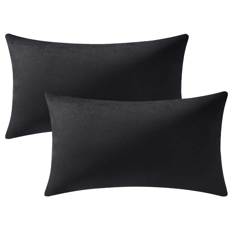 DEZENE Decorative Pillow Covers 12x20 Black 2 Pack Cozy Soft Velvet Rectangular Throw Pillow Cases for Farmhouse Home Decor