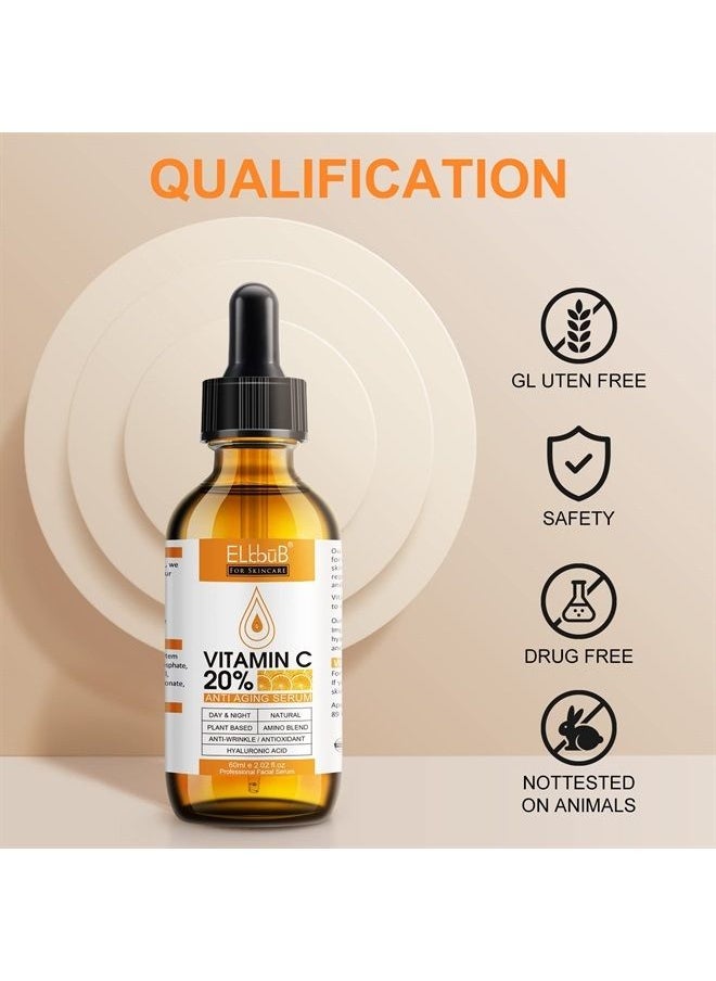 ELBBUB - Premium 20% Vitamin C Serum For Face with Hyaluronic Acid, Retinol & Amino Acids - Boost Skin Collagen,Hydrate & Plump Skin, Anti Aging & Wrinkle Facial Serum 60ml - Image 1
