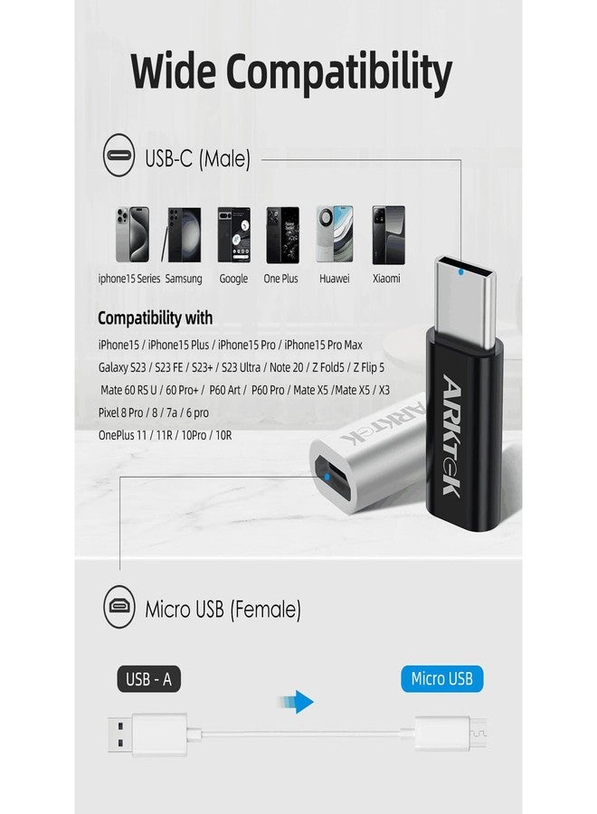 ARKTEK 4 Pack USB-C Male Micro USB Female Adapter Type C Adapter Fast Data Transfer & Charging Universal Compatible for iPhone 16/15 Pro/Plus for AirPods 4 Galaxy S25/Note 20 Pixel 9 (Black/White) - Image 2