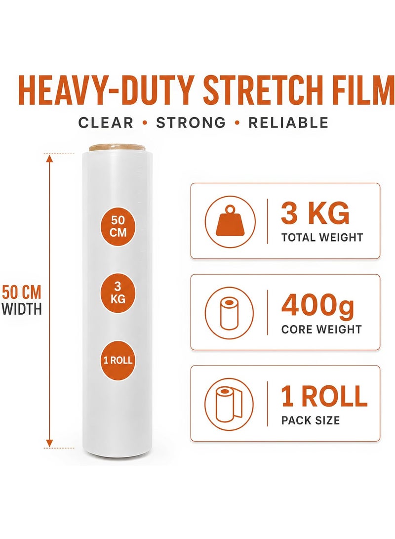 إي سي في في [لفة واحدة] غلاف بلاستيكي مطاطي شفاف (Stretch Film) بوزن 3 كجم - غلاف بلاستيكي متين عريض 500 مم، مثالي لتغليف المنصات (الباليتات)، والتعبئة، والنقل - غلاف لاصق، وزن 3 كجم، وزن القلب (الأسطوانة الداخلية) 400 جرام - Image 2