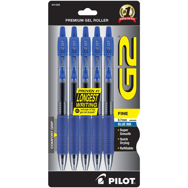 Pilot G2 Premium Gel Roller Pens, Fine Point 0.7 mm, Blue Ink Pens Fine Point, Pack of 5 - Ideal for School, Journaling, and Office Writing - Image 1
