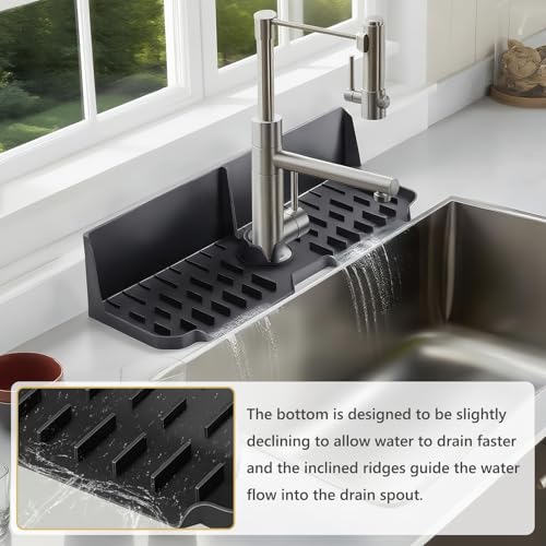 DAECHAO Sink Splash Guard Behind Faucet, Silicone Sink Faucet Drying Mat & Dish Soap Sponge Holder, 17" x 5.5" Silicone Kitchen Sink Auto Drain Organizer (Black) - Image 5