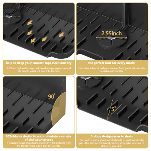 DAECHAO Sink Splash Guard Behind Faucet, Silicone Sink Faucet Drying Mat & Dish Soap Sponge Holder, 17" x 5.5" Silicone Kitchen Sink Auto Drain Organizer (Black) - Image 4