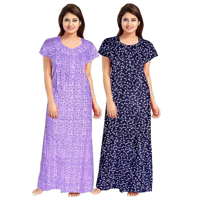 Vlazom Women’s Cotton Printed Maxi Nighty – Ankle Length Night Dress Gown, Pack of 2, Free Size – Soft & Breathable Sleepwear (Purple&Blue, Free Size) - Image 5