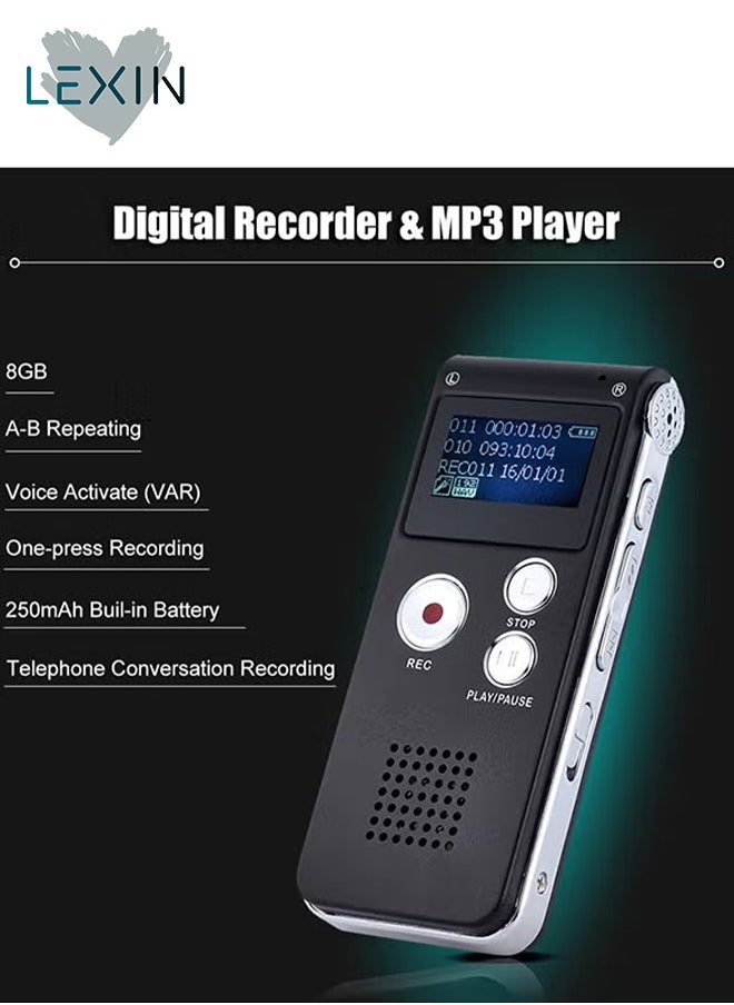 ليكسين - مسجل صوت رقمي مع مشغل MP3 وبطاقة ذاكرة مدمجة 8 جيجابايت (أسود/فضي) - Image 1
