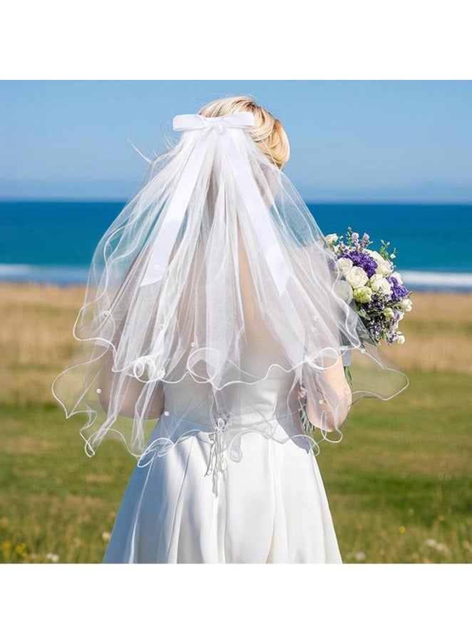 CHU DAI Bridal Wedding Veils, White Tulle Bridal Veil Hair Clip for Women Girls, Elegant Pearls Tulle Bow Veil Headband, Bridesmaid Short Hair Piece Bachelorette Decoration - Image 2