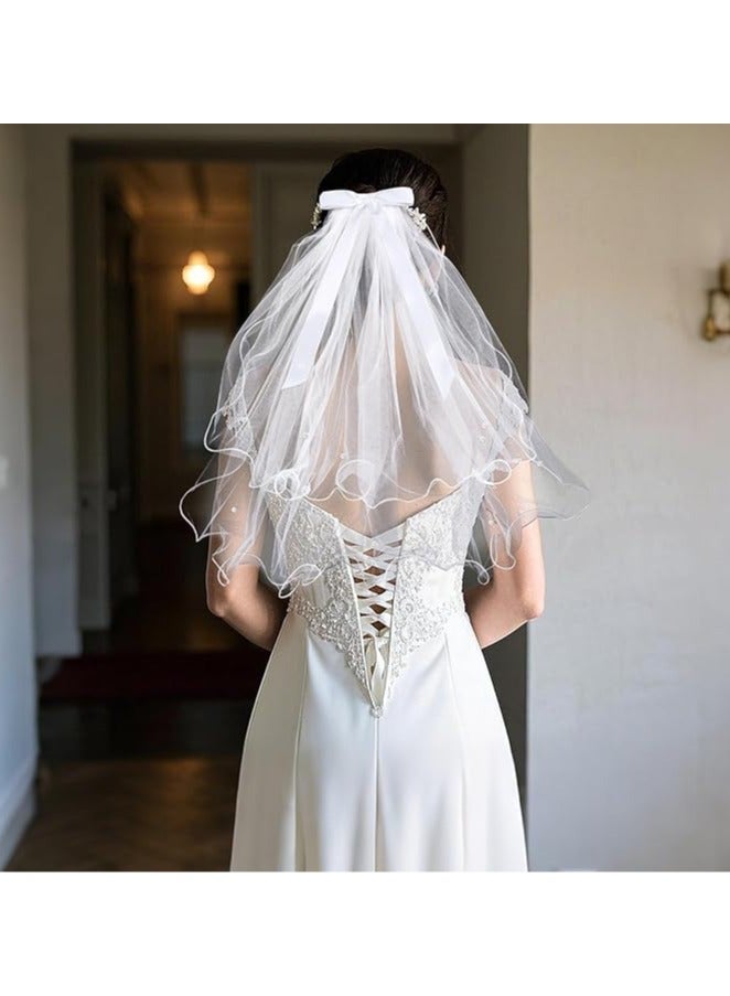 CHU DAI Bridal Wedding Veils, White Tulle Bridal Veil Hair Clip for Women Girls, Elegant Pearls Tulle Bow Veil Headband, Bridesmaid Short Hair Piece Bachelorette Decoration - Image 3