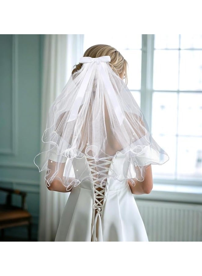 CHU DAI Bridal Wedding Veils, White Tulle Bridal Veil Hair Clip for Women Girls, Elegant Pearls Tulle Bow Veil Headband, Bridesmaid Short Hair Piece Bachelorette Decoration - Image 4
