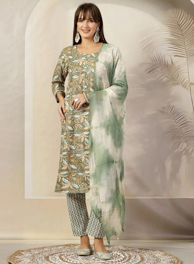 Desiqlo Green Tropical Printed Cotton Blend Straight Kurta with Pant and Dupatta Set - Image 1