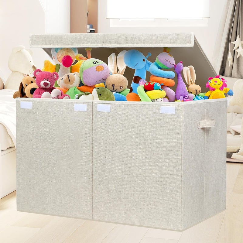 popoly 122L Large Toy Box Chest with Lid, Foldable Toy Storage Organizer Bin Boxes with Removable Divider for Kids, Boys, Girls, Nursery, Playroom, 26"x17" x17" (Linen Beige) - Image 2