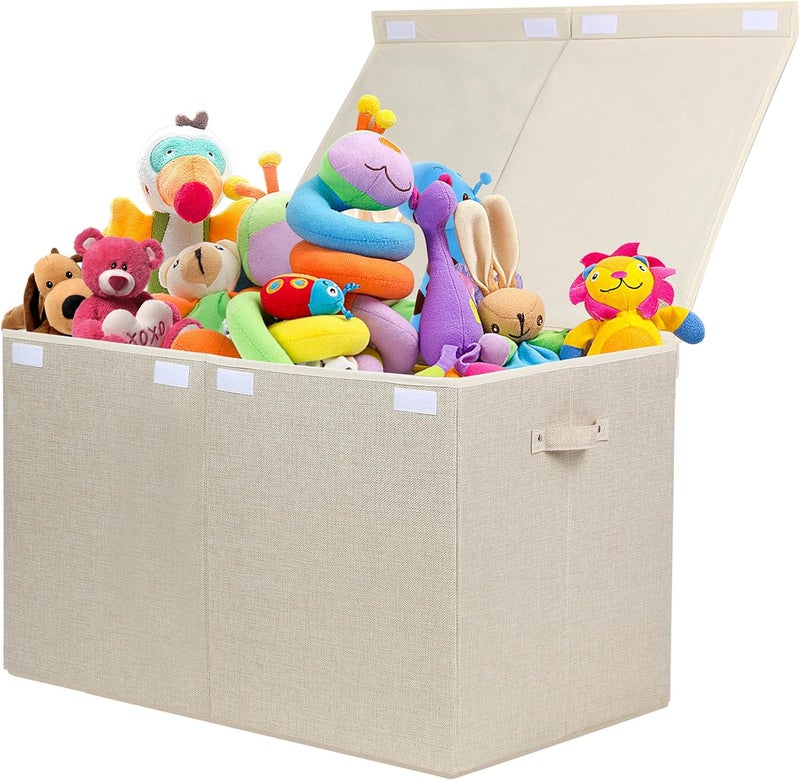 popoly 122L Large Toy Box Chest with Lid, Foldable Toy Storage Organizer Bin Boxes with Removable Divider for Kids, Boys, Girls, Nursery, Playroom, 26"x17" x17" (Linen Beige) - Image 1