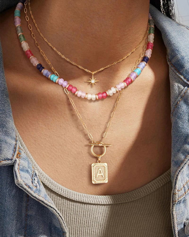 MJartoria Layered Initial Necklaces for Women Trendy, 14K Gold Plated Simple Star Choker Square Letter Pendant Necklace, Colorful Beaded Necklace, Gold Necklaces Jewelry Gifts (R, Gold Plated) - Image 4