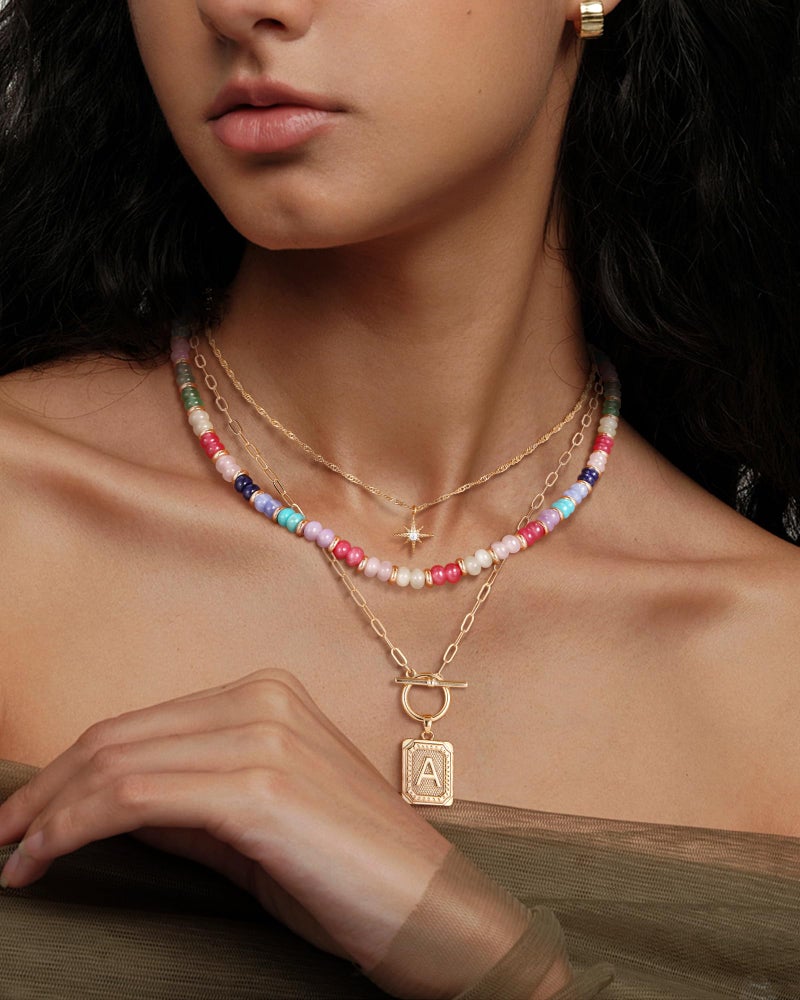 MJartoria Layered Initial Necklaces for Women Trendy, 14K Gold Plated Simple Star Choker Square Letter Pendant Necklace, Colorful Beaded Necklace, Gold Necklaces Jewelry Gifts (R, Gold Plated) - Image 2