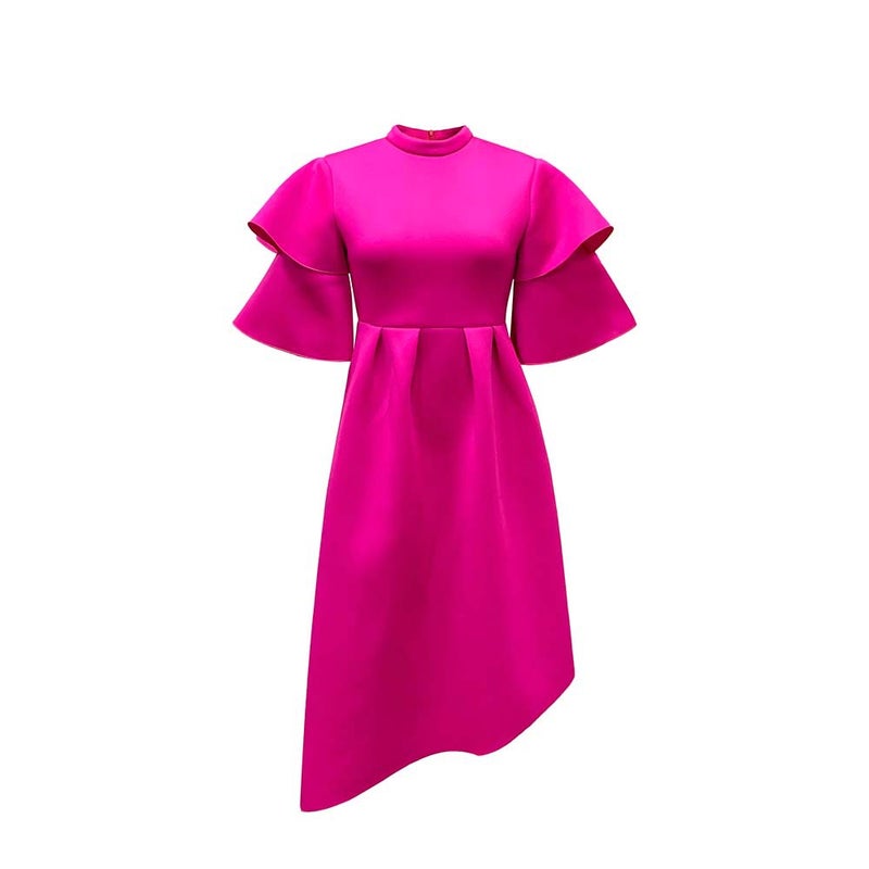 D230 Cross-border Womens 2024 Summer New Double-layer Lotus Leaf Sleeve Solid Color Large Pose European and American dress Foreign Trade Dress rose red - Image 1