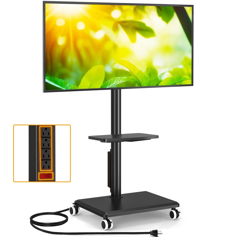 5Rcom Rolling TV Stand with Power Outlet for 32-60 inch TVs, Swivel and Height Adjustable Mobile TV Stand with Shelf, Strong TV Cart on Wheels up to 88 lbs for Living Room, Bedroom and Office (Black) - Image 1