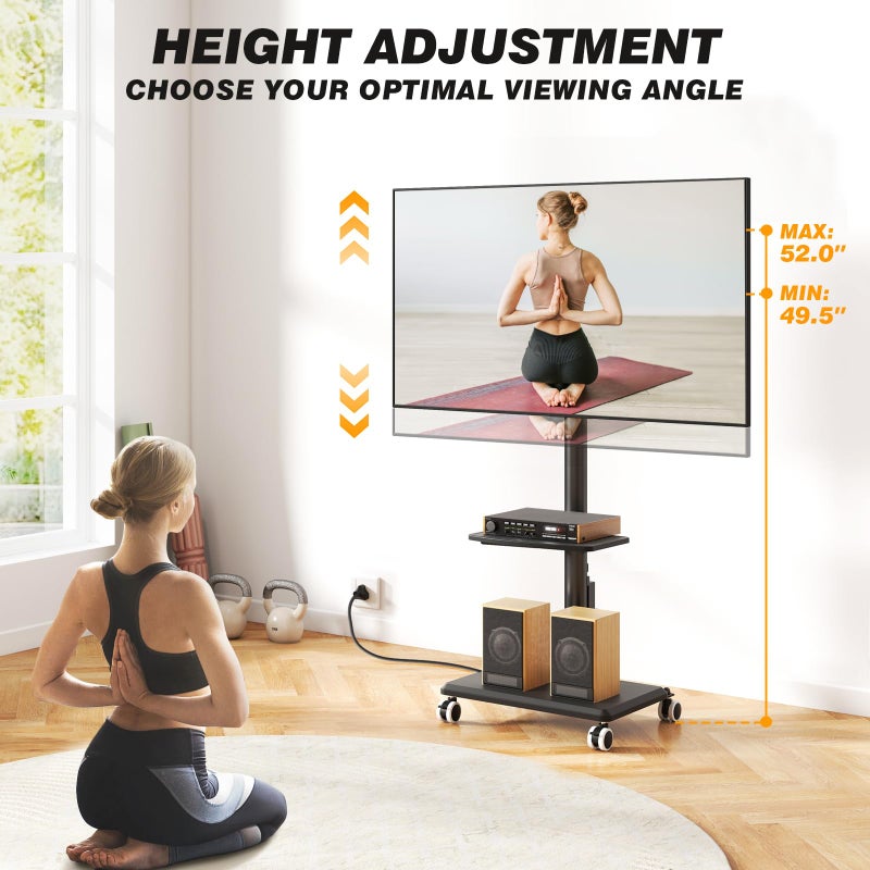 5Rcom Rolling TV Stand with Power Outlet for 32-60 inch TVs, Swivel and Height Adjustable Mobile TV Stand with Shelf, Strong TV Cart on Wheels up to 88 lbs for Living Room, Bedroom and Office (Black) - Image 3