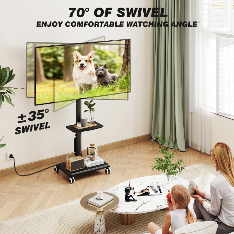 5Rcom Rolling TV Stand with Power Outlet for 32-60 inch TVs, Swivel and Height Adjustable Mobile TV Stand with Shelf, Strong TV Cart on Wheels up to 88 lbs for Living Room, Bedroom and Office (Black) - Image 2