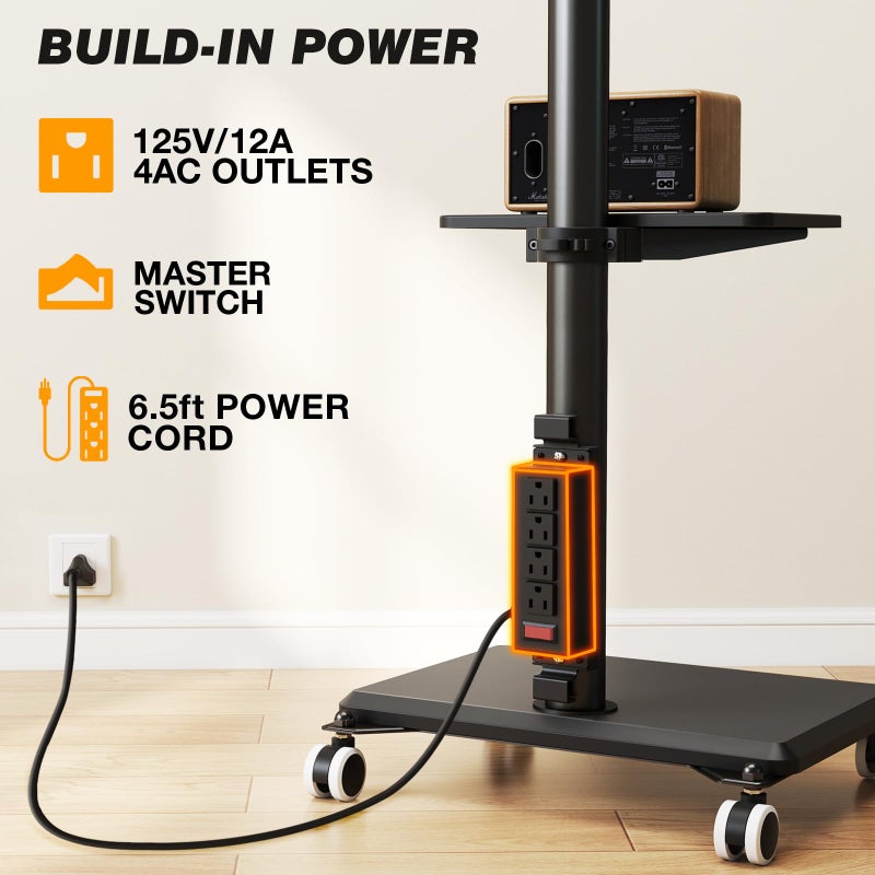 5Rcom Rolling TV Stand with Power Outlet for 32-60 inch TVs, Swivel and Height Adjustable Mobile TV Stand with Shelf, Strong TV Cart on Wheels up to 88 lbs for Living Room, Bedroom and Office (Black) - Image 4